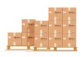 Flat boxes pallet. Cardboard box, cargo wood pallets and parcels. Warehouse stack cartons for delivery. Vector paper
