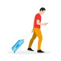 Flat boy walking vector illustration.Full body man drag bag and holding smartphone