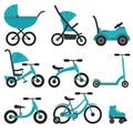 Flat bright blue baby transport set