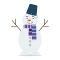 Flat bright vector illustration, cartoon big snowman with bucket and scarf isolated on white background. Christmas and Royalty Free Stock Photo