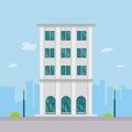 Flat building design in town.Company building in flat style with city background.Vector illustration