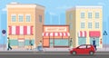 Flat Building Shopping Street Market with people.Vector illustration.Cityscape and man walking.Shop facade on road with ca