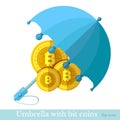 Flat business icon bit coins protected by umbrella isolated