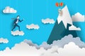 Flat Business Man climbs to the top by Jumping over the clouds. Paper art style design. vector illustration. EPS 10. Royalty Free Stock Photo