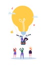 Flat Business People Flying on Big Light Bulb. Man and Woman with Spyglass. Business Idea, Vision, Innovation, Team Work