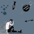 Flat of business survival,The businessman sit on the ground with a bruised body between many problems- vector