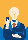 Flat businessman with light bulb instead head, idea concept