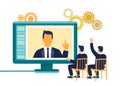 Flat businessmen sitting in front of screen with video call - online education or conference, webinar, online meeting concept