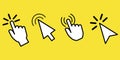 Flat button with cursors on yellow background. Pointer icon. Cursor sign. Hand cursor icon. Click arrow. EPS 10. Royalty Free Stock Photo