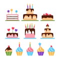 Flat cakes and muffins icons set on white