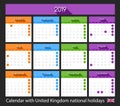 Flat 2019 calendar design with United Kingdom national holidays