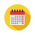 Flat calendar icon. Appointment event date in spiral calendar in yellow circle. Business deadline symbol. Month or week plan event Royalty Free Stock Photo