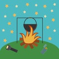 Flat camping illustration: campsite, night sky, bonfire, flashlight and lighter