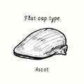 Flat cap type, ascot. Ink black and white drawing illustration