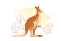 Flat card flat illustration isolated on white background. Australian animal design template. Wallaby character standing