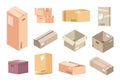 Flat cardboard boxes. Carton parcels delivery, open and closed isolated isometric packages, warehouse packs and goods