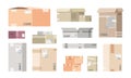 Flat cardboard boxes. Carton warehouse packs, 3D cargo packages, isolated delivery goods. Vector different carton post