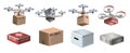 Flat Cardboard Carton Box and medicak kit Pack. 3D Pack Vector Isolated Box.Collection of delivery drones with boxes and