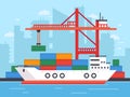 Flat cargo ship in docks. Harbor crane of shipping port loading containers to marine freight boat vector illustration Royalty Free Stock Photo