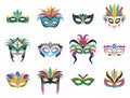 Flat carnival masks. Decorative venetian mask with feathers, isolated festival or party facial accessories. Masquerade Royalty Free Stock Photo