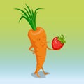 Flat Carrot holding strawberry . 3d healthy