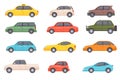 Flat cars. Cartoon vehicle side view. Taxi, minivan, mini car, suv and pickup truck. City auto transport icons Royalty Free Stock Photo