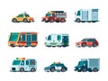 Flat cars. City traffic municipal vehicle fire ambulance police post office taxi truck bus and collector car vector Royalty Free Stock Photo