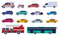 Flat cars collection. Auto design, car and bus objects. Isolated smart vehicles, city public transport and taxi Royalty Free Stock Photo