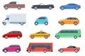 Flat cars set. Taxi and minivan, cabriolet and pickup. Bus and suv, truck. Urban, city cars and vehicles transport Royalty Free Stock Photo