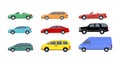 Flat cars set. Taxi and minivan, cabriolet and pickup. Bus and suv, truck. Urban, city cars and vehicles transport vector flat Royalty Free Stock Photo