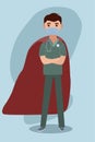 Flat cartoon art with doctor in face mask and superhero cloak for medical design.