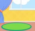 Flat cartoon art with room view showing window, deep blue curtains, yellow wallpapers and green rug on the floor