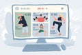 Flat cartoon athlete characters on computer screen,sports online app use vector illustration concept