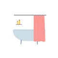 Flat cartoon bathtub with curtain and shelf with personal hygiene items,home bathroom furniture,interior elements vector Royalty Free Stock Photo