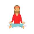 Flat cartoon bearded man hippie sitting in lotus pose, meditating. Male with long hair dressed in woodstock sixties