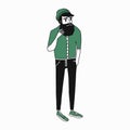 Flat cartoon beatnik character, vector illustration of a man with a well-groomed beard and a knitted hat in jeans and sneakers