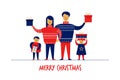 Flat cartoon boy girl family characters Merry Christmas New Year greeting card banner concept.Happy smiling flat people Royalty Free Stock Photo