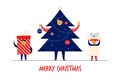 Flat cartoon boy girl family characters Merry Christmas New Year greeting card banner concept.Happy smiling flat people Royalty Free Stock Photo