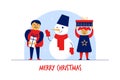 Flat cartoon boy,girl,Snowman characters,Merry Christmas New Year greeting card banner concept.Popular winter mascot Royalty Free Stock Photo