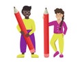 Vector flat cartoon busy characters students standing with big pencils. Education, learning, writing, planning concept
