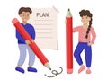 Flat cartoon busy characters students standing with big pencils. Learning, writing, planning concept. Effective daily