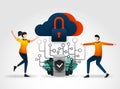 Flat cartoon character. cloud storage is protected from viruses and hacking to maintain servers and databases. database security u Royalty Free Stock Photo