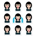 Flat cartoon character cute girl with black hair, different emotions.
