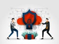 Flat cartoon character. developers keep cloud storage, server, database from attacks by thieves and hackers. security companies co
