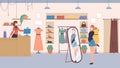 Flat cartoon character trying new clothes,fashion shopping during coronavirus pandemic,vector illustration concept