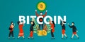 Flat cartoon character. vector illustration for business, marketing, web, finance, currency . man who lifts glowing bitcoin and sh