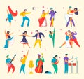 Flat cartoon characters people dancing, playing music