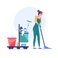Flat cartoon cleaning service employee character,vector illustration concept