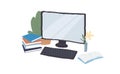 Flat cartoon computer monitor and keyboard,electronic office equipment and modern digital technologies vector