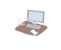 Flat cartoon computer monitor and keyboard,electronic office equipment and modern digital technologies vector